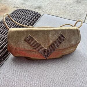 Vintage Stuart Weitzman Gold Lame Clutch Crossbody Handbag with Rhinestones
